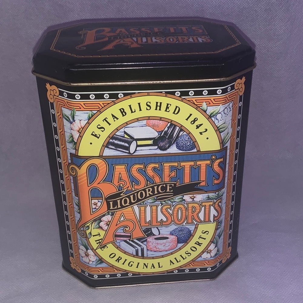 Bassets allsorts liquorice vintage tin- 7 inches in length 6 inches in width
